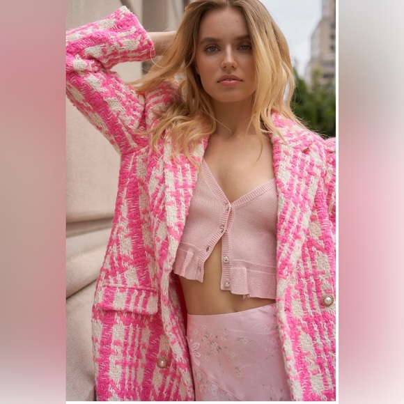 NWT LoveShackFancy Houndstooth Asryn Coat Majestic Pink XS - Picture 3 of 8
